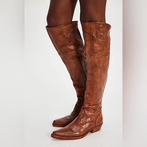 Free People Washed Cognac Leather Maggie Over The Knee Western Cowboy Boots 11